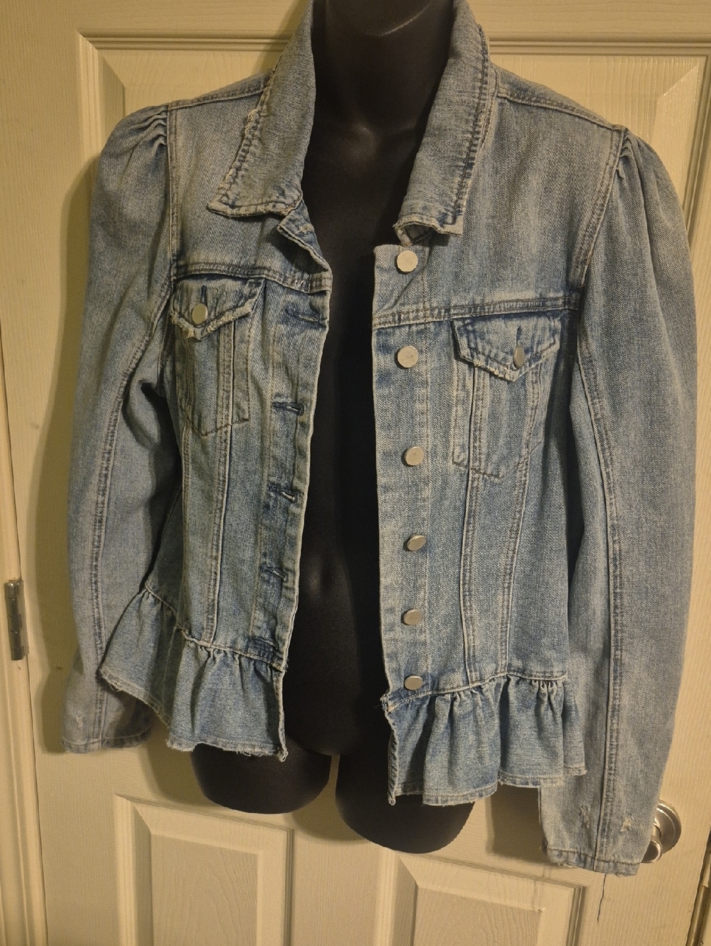 Chelsea & Violet Light Blue Ruffle-Hem Denim Jacket